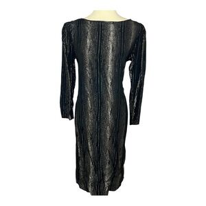 Vintage black striped metallic long sleeve midi shift dress cocktail formal LBD